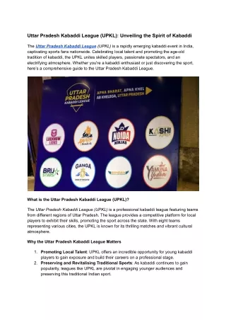 Uttar Pradesh Kabaddi League (UPKL) 2024: Teams, Matches, and Updates