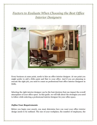 Factors to Evaluate When Choosing the Best Office Interior Designers