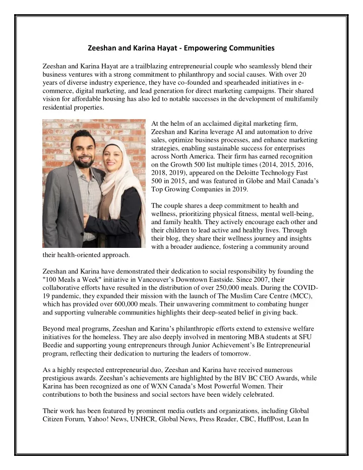 zeeshan and karina hayat empowering communities