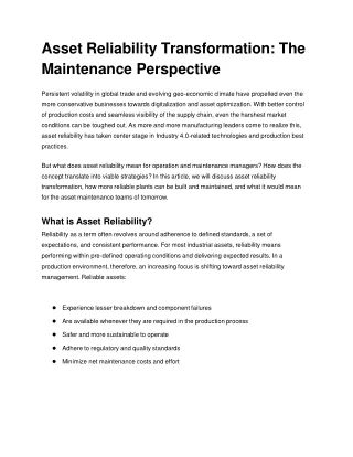 asset reliability transformation the maintenance perspective