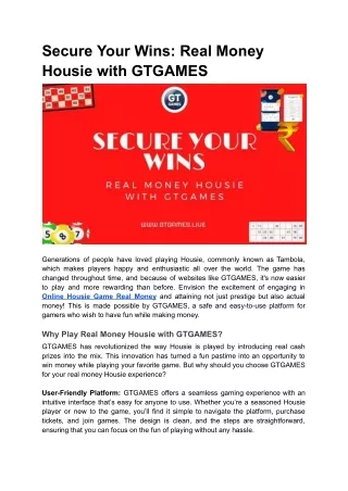 Secure Your Wins: Real Money Housie with GTGAMES