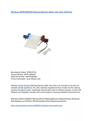 Whirlpool WPW10683603 Washing Machine Water Inlet Valve HnKParts