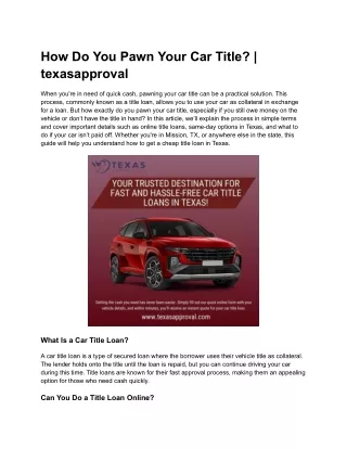 Get Title Loans Online Without a Title in Texas | No Title Car Loan - Texas Appr