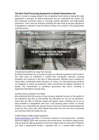 The Best Food Processing Equipment at Global Automation Ltd