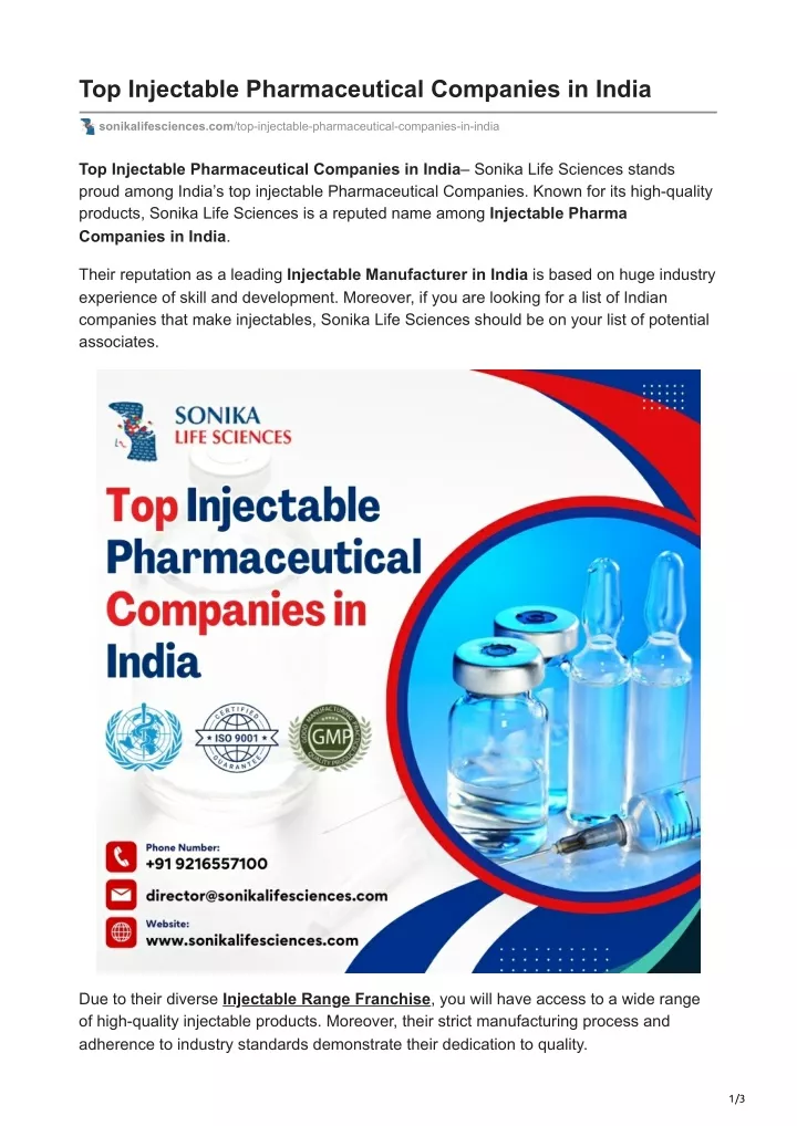 top injectable pharmaceutical companies in india