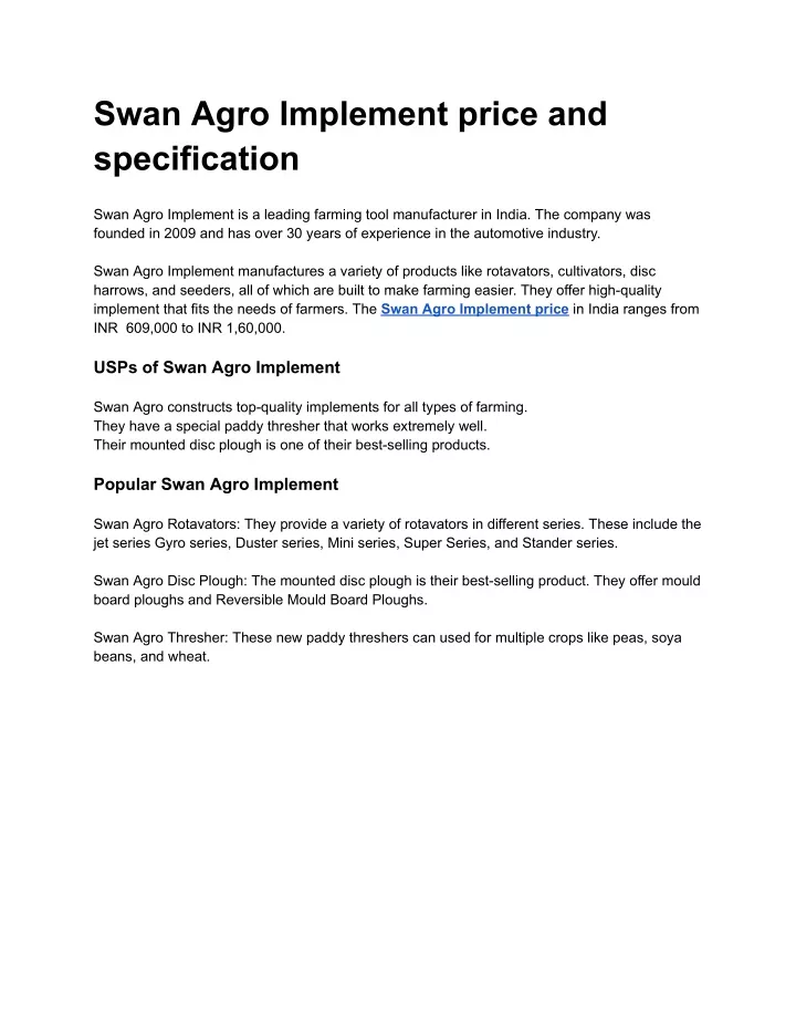 swan agro implement price and specification