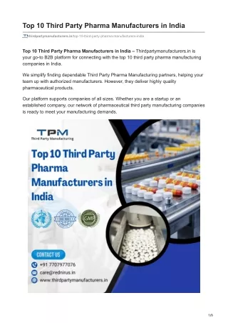 Top 10 Third Party Pharma Manufacturers in India