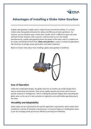 Benefits of Glove Valve Gearbox Installation