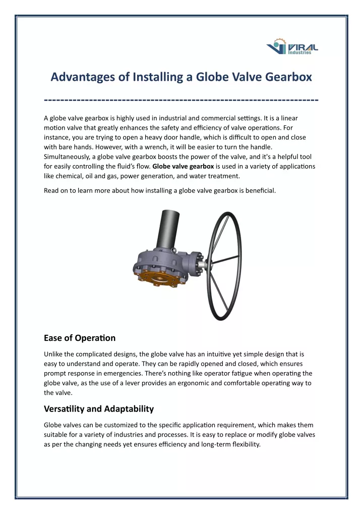 advantages of installing a globe valve gearbox