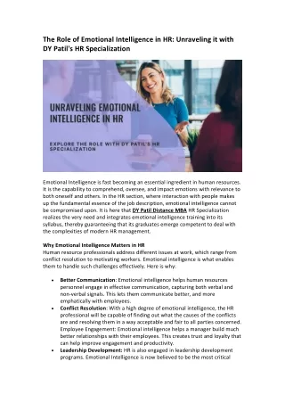 The Role of Emotional Intelligence in HR Unraveling it with DY Patil's HR Specialization.