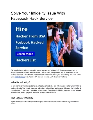 Solve Your Infidelity Issue With Facebook Hacked Service
