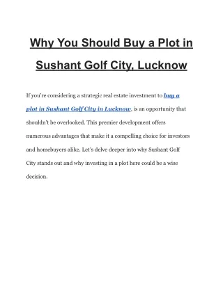 Why You Should Buy a Plot in Sushant Golf City, Lucknow