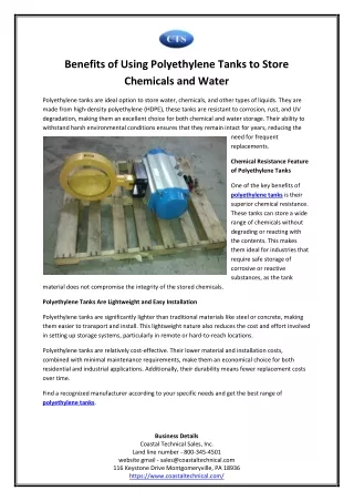 Benefits of Using Polyethylene Tanks to Store Chemicals and Water