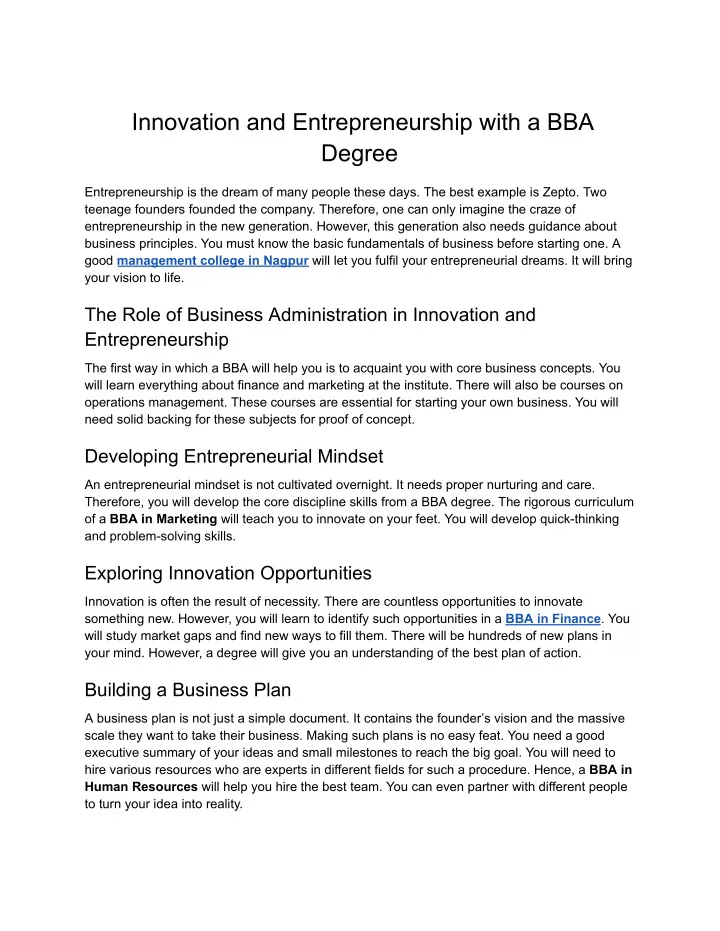 innovation and entrepreneurship with a bba degree