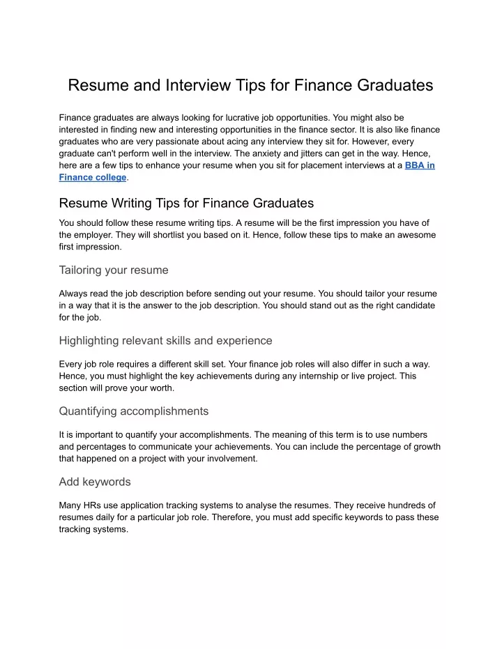 resume and interview tips for finance graduates