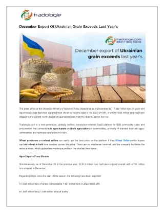 December Export Of Ukrainian Grain Exceeds Last Year's