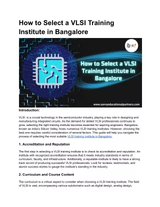 How to Select a VLSI Training Institute in Bangalore