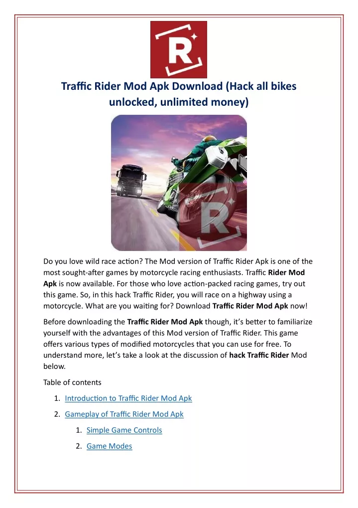 traffic rider mod apk download hack all bikes