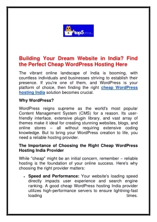 Building Your Dream Website in India Find the Perfect Cheap WordPress Hosting Here