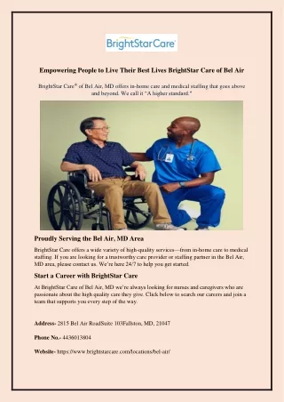 Empowering People to Live Their Best Lives BrightStar Care of Bel Air