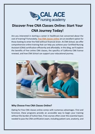 Discover Free CNA Classes Online: Start Your CNA Journey Today!