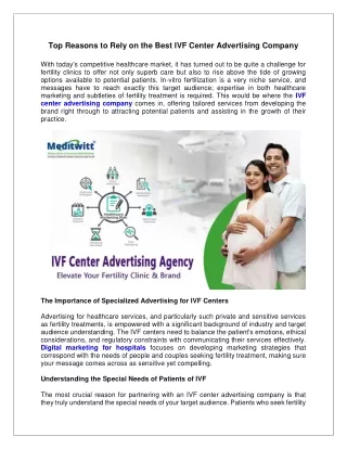 Top Reasons to Rely on the Best IVF Center Advertising Company