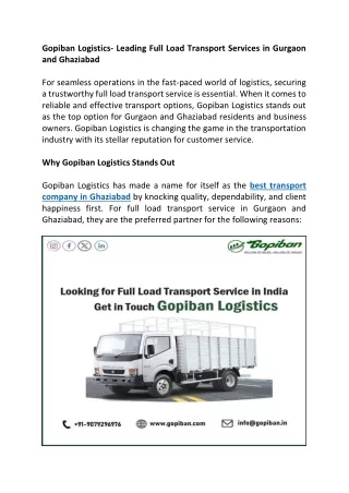 Gopiban Logistics- Leading Full Load Transport Services in Gurgaon and Ghaziabad