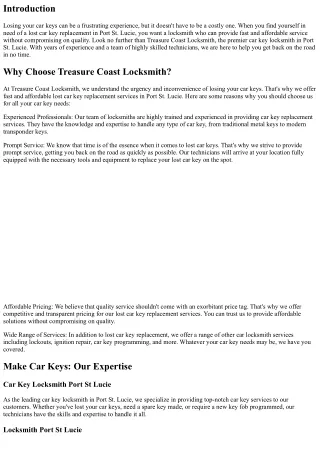 Fast and Affordable Lost Car Key Replacement in Port St. Lucie
