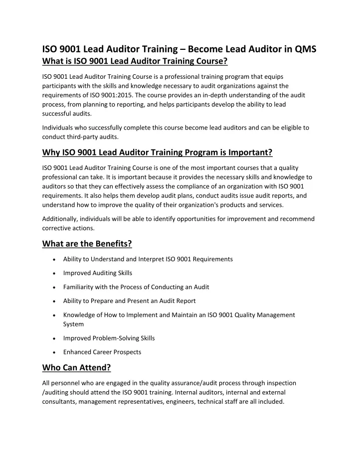 iso 9001 lead auditor training become lead