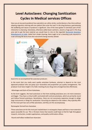 Level Autoclaves: Changing Sanitization Cycles In Medical services Offices