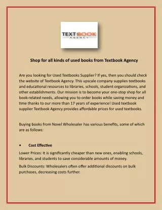 Shop for all kinds of used books from Textbook Agency