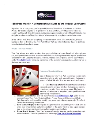 Join the Excitement: Teen Patti Master Download Available Now