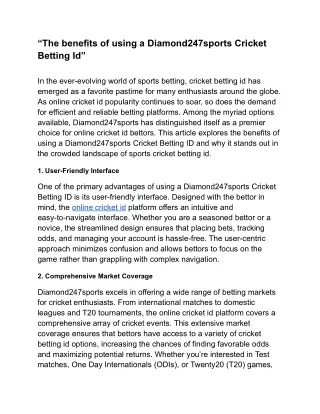 “The benefits of using a Diamond247sports Cricket Betting Id”
