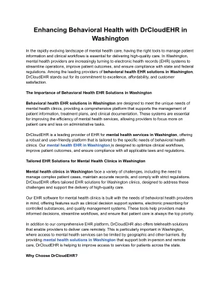 Enhancing Behavioral Health with DrCloudEHR in Washington