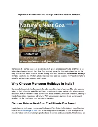 Experience the best monsoon holidays in India at Nature's Nest Goa