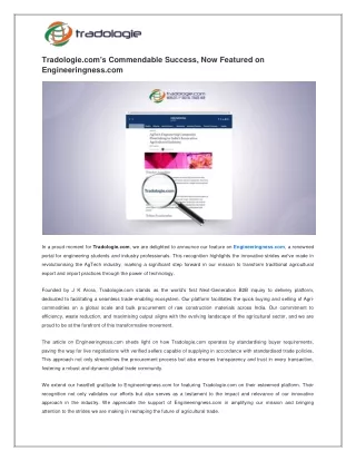 Tradologie.coms Commendable Success Now Featured on Engineeringness.com