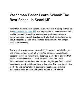 Vardhman Podar Learn School: The Best School in Seoni MP