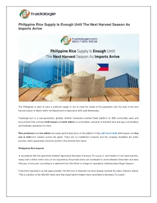 Philippine Rice Supply Is Enough Until The Next Harvest Season As Imports Arrive