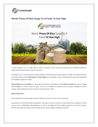 World Prices Of Rice Surge To A Fresh 15-Year High