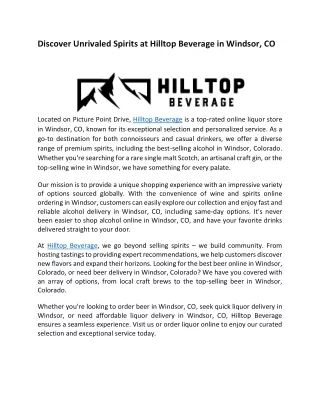 Discover Unrivaled Spirits at Hilltop Beverage in Windsor, CO