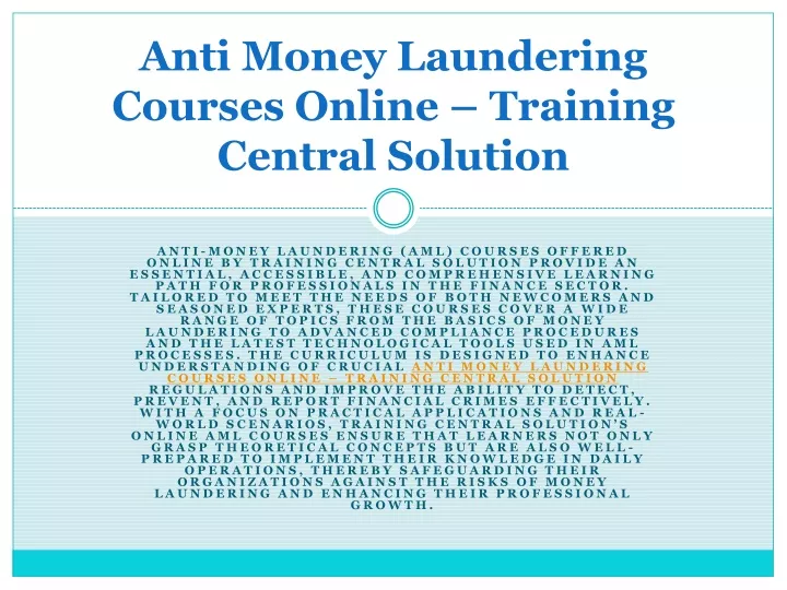 anti money laundering courses online training central solution