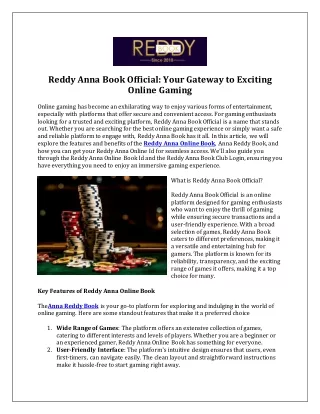 Reddy Anna Book Official Your Gateway to Exciting Online Gaming