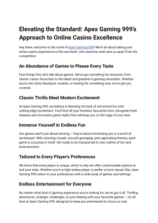 Elevating the Standard_ Apex Gaming 999’s Approach to Online Casino Excellence