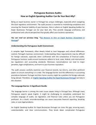 Portuguese Business Audits:  How an English Speaking Auditor Can Be Your Ally?