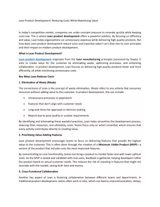 Lean Product Development Reducing Costs While Maximizing Value