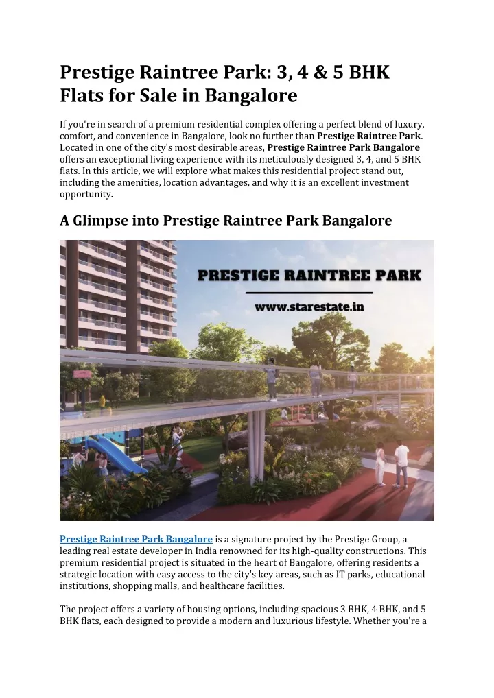 prestige raintree park 3 4 5 bhk flats for sale