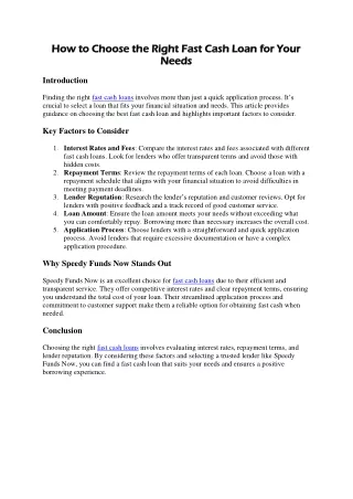 How to Choose the Right Fast Cash Loan for Your Needs