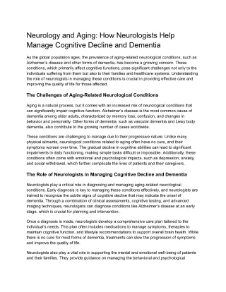 Neurology and Aging: How Neurologists Help Manage Cognitive Decline and Dementia