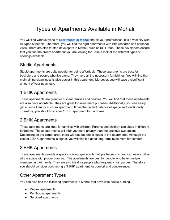 types of apartments available in mohali