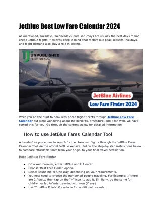 JetBlue Best Low Fare Calendar 2024